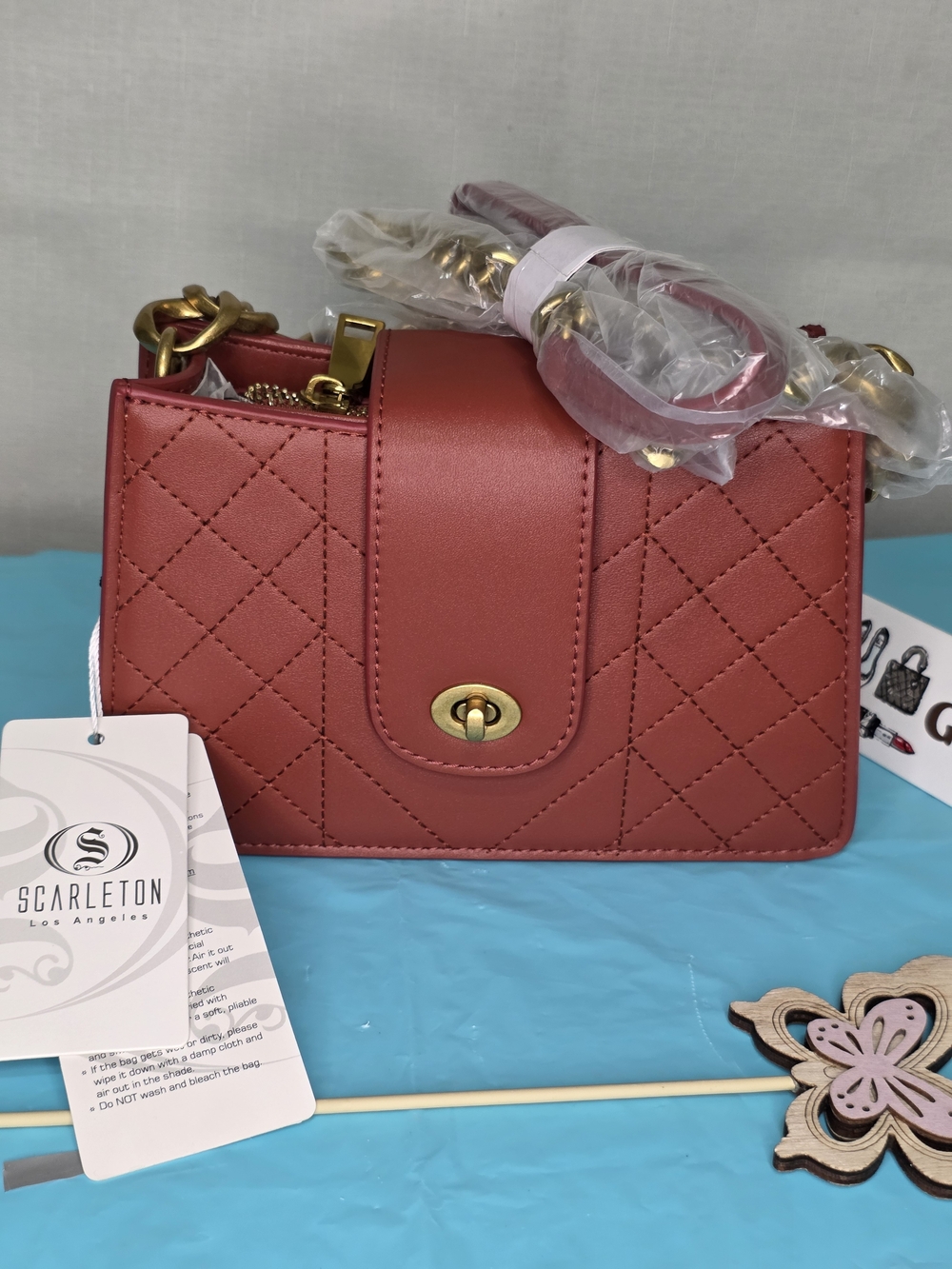 Scarleton Quilted Brick Red Crossbody Bag with Gold Hardware